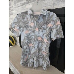 AMERICAN EAGLE SHIRT MENS MEDIUM BLUE FLORAL FLAMINGO HAWAIIAN FLEX BUTTON UP